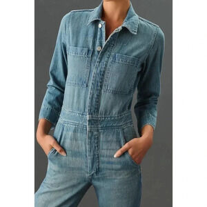 New Anthropologie Amo Skip Denim Jumpsuit One Piece Jean Long Sleeve Overalls
